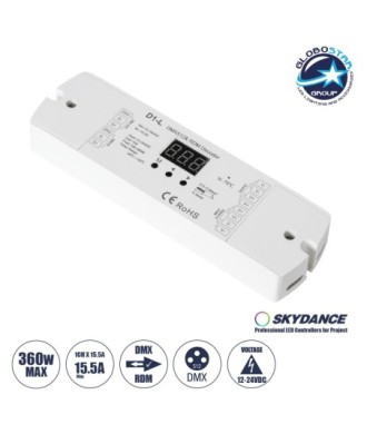 GloboStar® 71446 D1-L SKYDANCE DC DMX & RDM Dimmer High Speed Controller - Decoder 1 Καναλιού DC 12-24V 1 x 15.5A 360W - Max 15.5A 360W - IP20 Μ17 x Π5 x Υ2.5cm - 5 Years Warranty
